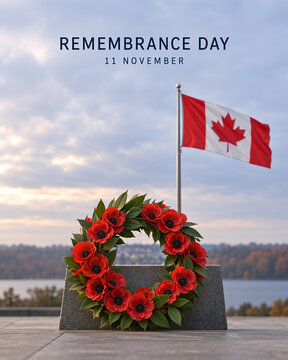 Remembrance Day Canada flag wreath with red poppies on stone monument. 11 November commemoration copy space for text