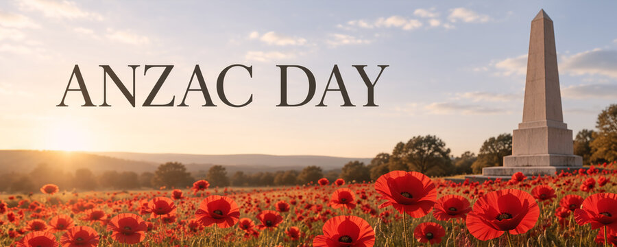 ANZAC Day commemorative background with red poppies and monument. Remembrance Day concept for banner and poster design.