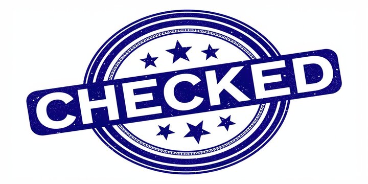 Dark blue rubber stamp impression with the word checked and six stars