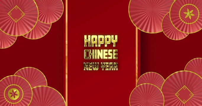 Displaying gold metallic 3D HAPPY CHINESE NEW YEAR text on digital greeting card, with fan motifs