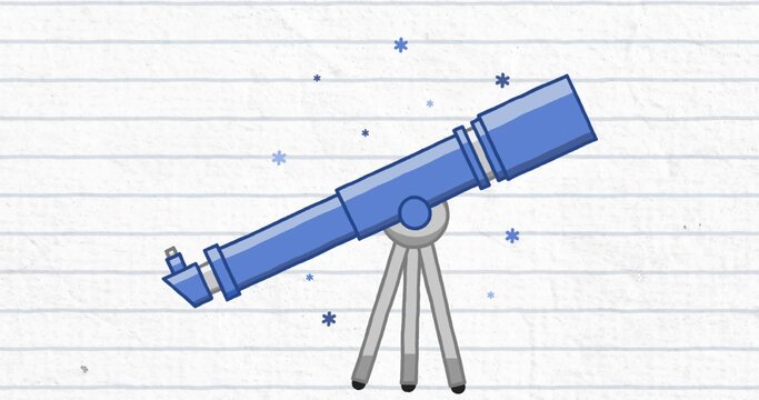 Pointing blue refracting telescope on silver tripod angling upward on ruled paper, with star icons