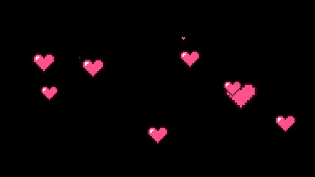Retro pixel art pink hearts floating upwards on transparent alpha background