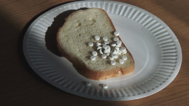 Hand pouring white pills from a bottle onto a slice of bread on a plate.