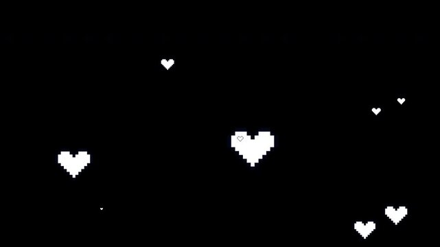 Retro pixel art white hearts floating upward on an alpha channel background