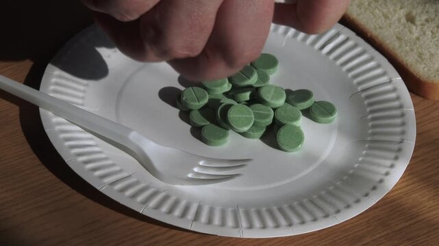 Hand irritably pouring green pills onto a plate with a fork and bread.