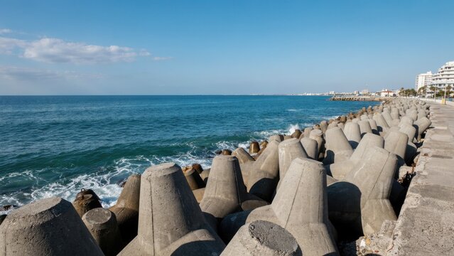 Concrete tetrapod breakwater along a blue ocean coastline, low angle view