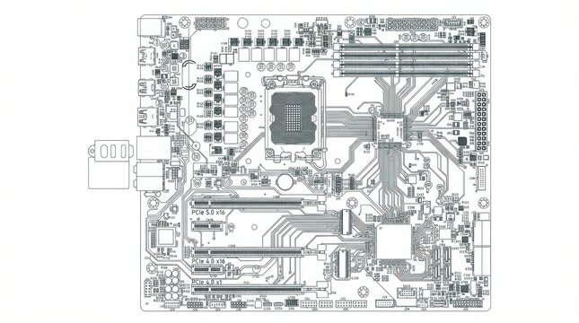 Motherboard circuit diagram with BIOS chip and RAM slots layout