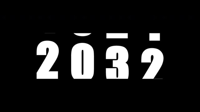 Rolling mechanical counter numbers revealing year 2032 with alpha channel