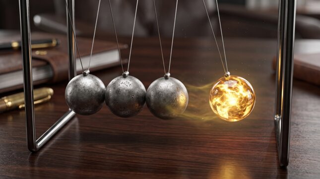 Newton's cradle with a glowing fiery energy ball swinging outward on a wooden executive desk, symbolizing innovation, momentum, and creative breakthrough.