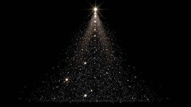 Gold Christmas tree stands on a dark floor beneath warm lights during the holiday season