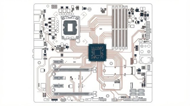 Electronics motherboard circuit board with microchip and soldered components layout