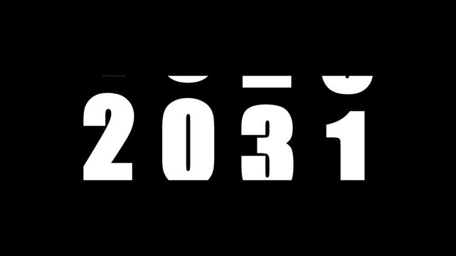 Rolling numbers counter revealing the year 2031 on transparent background