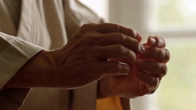 Older adult hands gently flex and rub fingertips together beside sunlit window, shifting from palms held close to loosely curled fingers, with wrinkles visible against soft beige indoor background