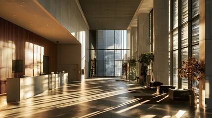 Fototapeta premium A modern building lobby bathed in warm sunlight featuring sleek architectural lines polished floors and tall glass casting long shadows