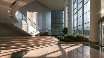 Fototapeta premium Modern building lobby with curved staircase glass railings and large casting strong sunlight shadows on polished floors