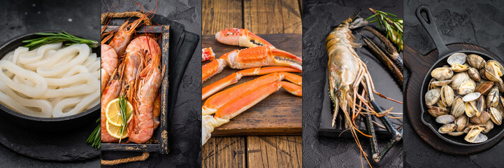 Raw seafood assortment with squid rings whole crustaceans crab legs prawns and clams in a wide five panel rustic collage © Mironov