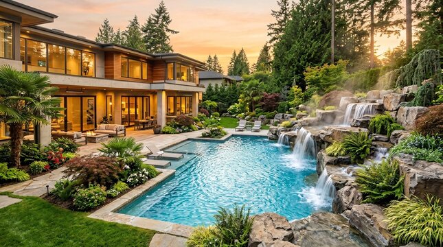 Multi-tiered stone waterfall cascades into a clear swimming pool beside a modern luxury home, photographed in warm golden hour light.