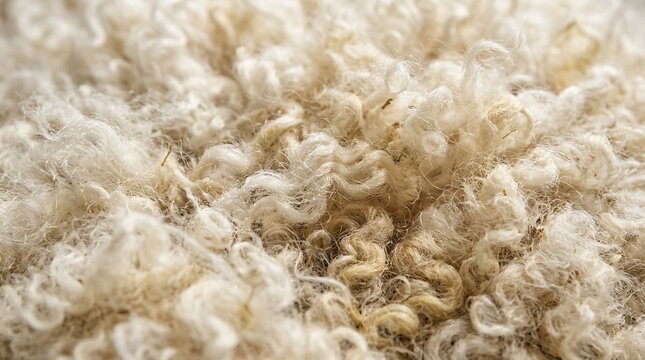 Macro texture of thick raw cream-colored sheep wool shows intricate tangled fibers and soft wavy fleece patterns under natural light.