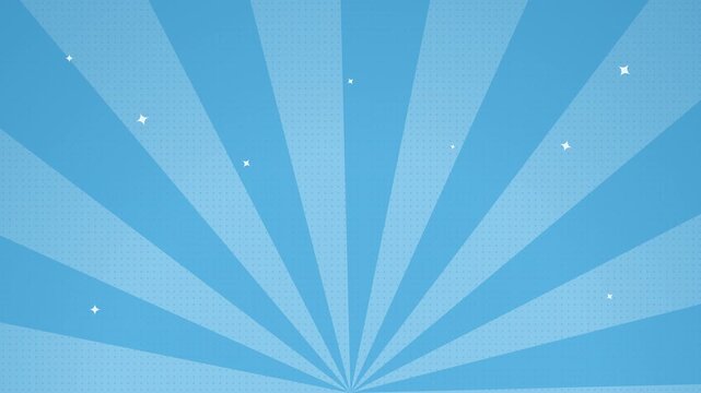 Rotating blue retro comic sunburst with sparkling stars on transparent background