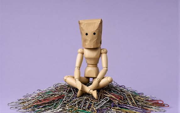 Paper bag-headed wooden figure sits atop colorful paperclip pile.