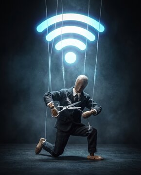 A wooden marionette dressed in a suit uses scissors to cut its strings beneath a glowing blue Wi-Fi icon, symbolizing digital detox, independence, and freedom from technological control.