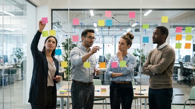 Team using sticky notes to map data flows on glass wall, data governance and privacy planning workshop