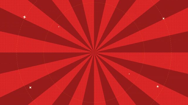 Rotating red comic sunburst beams overlay with glittering sparkling stars