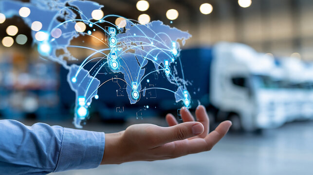Close-up of a hand controlling a holographic supply chain map with connected logistics routes and automated checkpoint indicators, logistics automation, smart supply chain, global
