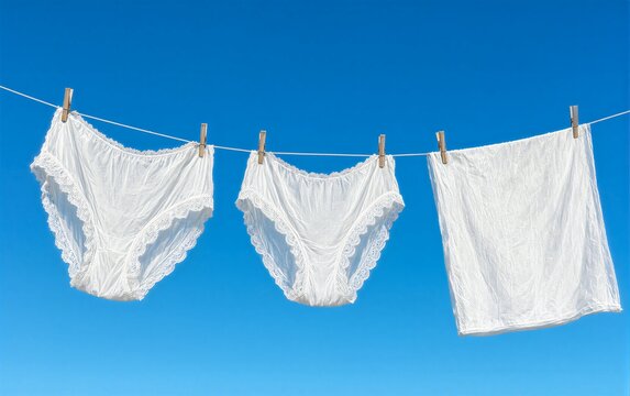 White lace underwear hangs drying on a line against clear blue sky.