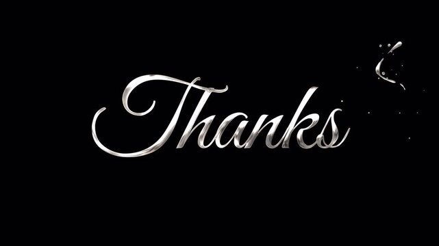 Elegant silver thanks calligraphy lettering shines against black, creating metallic artwork ideal for greeting cards, invitations, branding, and web graphics.