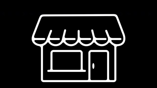 Stylized flat 2D animation of a retail shop storefront appearing in motion. Commercial store facade and boutique canopy pop-up icon. Alpha channel transparent background video clip.