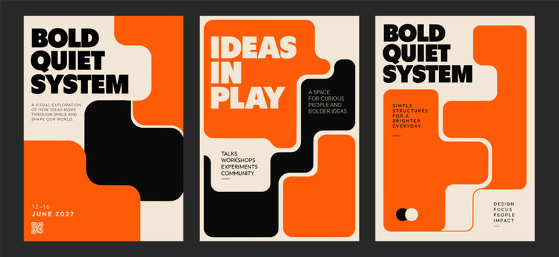Set of three modern abstract typography posters with bold black lettering, vibrant orange geometric shapes and cream backgrounds. Concept of graphic design, creativity and visual communication