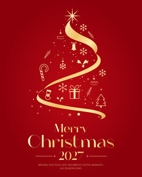Merry Christmas 2027 greeting poster with golden ribbon tree, shining star, snowflakes, gift, candy cane and festive decorations on red background. Concept of holiday joy and celebration