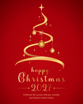 Happy Christmas 2027 festive greeting poster with golden ribbon Christmas tree, hanging ornaments, sparkling stars and snowflakes on red background. Concept of holiday joy and celebration