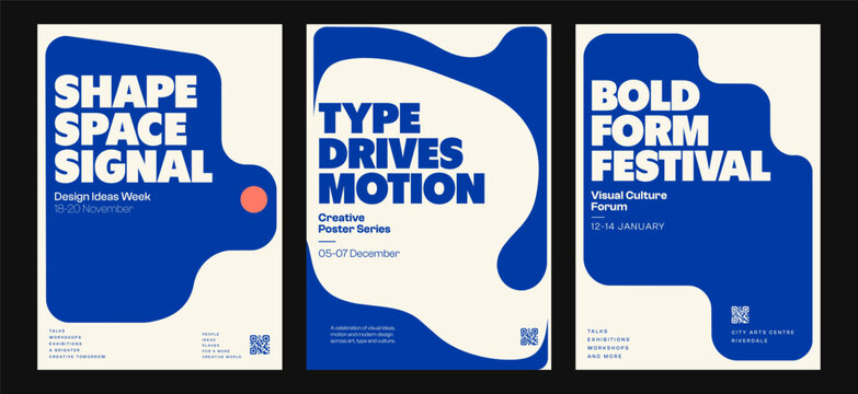 Set of three modern abstract typography posters with bold blue geometric shapes, cream background and creative festival layouts. Concept of graphic design, art and visual communication