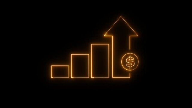 Abstract glowing orange color neon line animated graph and chart with dollar icon on black background.Interest rate, financial and dividend concept.Profit high growth dollar icon.