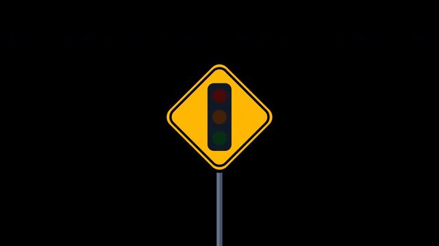 Traffic signal ahead warning sign with flashing amber light on alpha channel