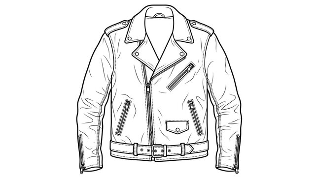Classic leather jacket technical sketch, biker outerwear line art, vintage motorcycle jacket vector template