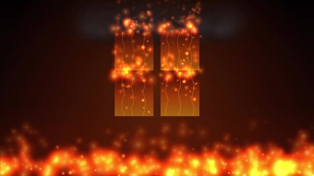 Abstract window frame engulfed in fire and sparks on black background