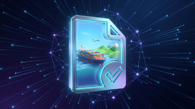 Digital document icon featuring cargo ship logistics and transportation network inside glowing blue metallic frame