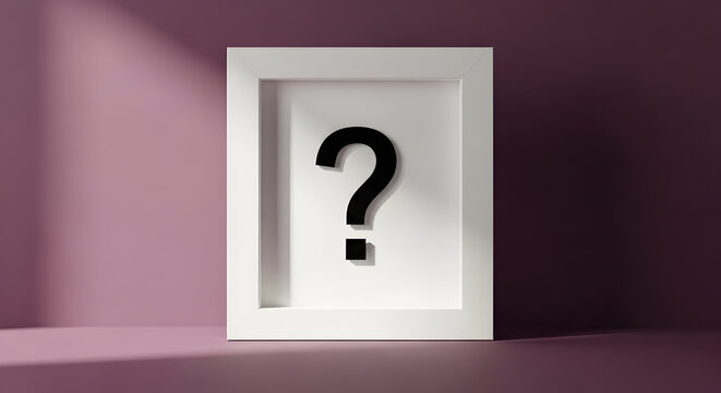 White Frame Displaying A Question Mark In A Minimalist Interior Setting With Soft Lighting And Neutral Colors