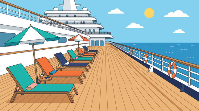 Luxury cruise ship deck with wooden floor sun loungers umbrellas and railing overlooking the blue ocean sea.