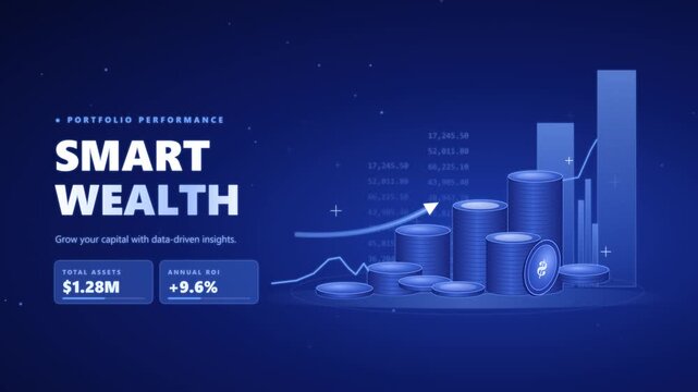 Financial investment growth vector banner with coin stacks upward trending graph and portfolio analytics dashboard UI