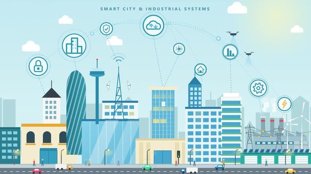 Smart city and industrial systems vector illustration depicting interconnected urban skyline, IoT technology, smart grid, and cloud network