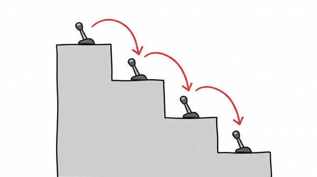 Descending staircase with toggle levers and red arrows on white background, digital line art illustration