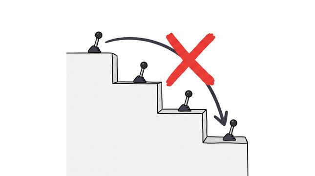 Gearshift levers on descending stairs with crossed out bypass arrow on white background, hand drawn illustration