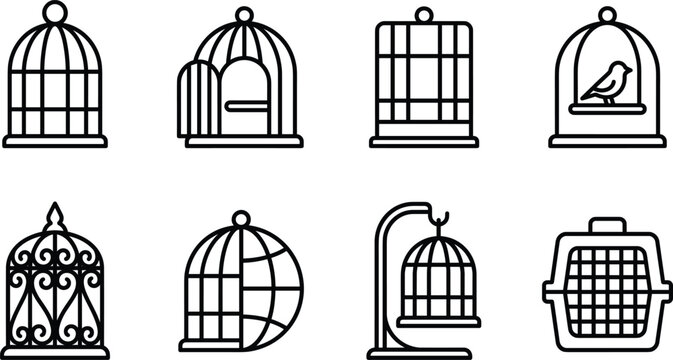 Birdcage and pet carrier line icon vector set featuring closed open dome ornamental hanging globe cages with plastic travel crate