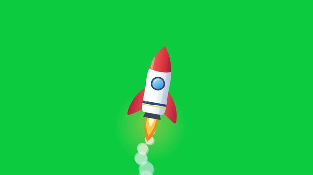 Animated Cartoon Rocket Flying with Smoke and Flame Trail on Green Screen