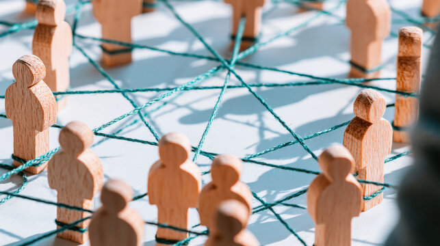 Wooden people figures connected by a tangled web of string on a white surface. Business network, teamwork and complex relationships