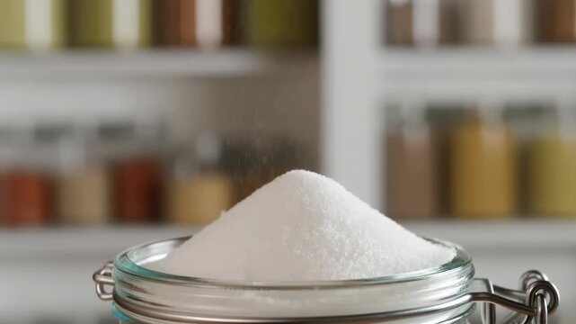White granules pour onto conical mound in open glass storage jar, with metal clasp and blurred spice containers on kitchen shelves behind softly lit close-up view